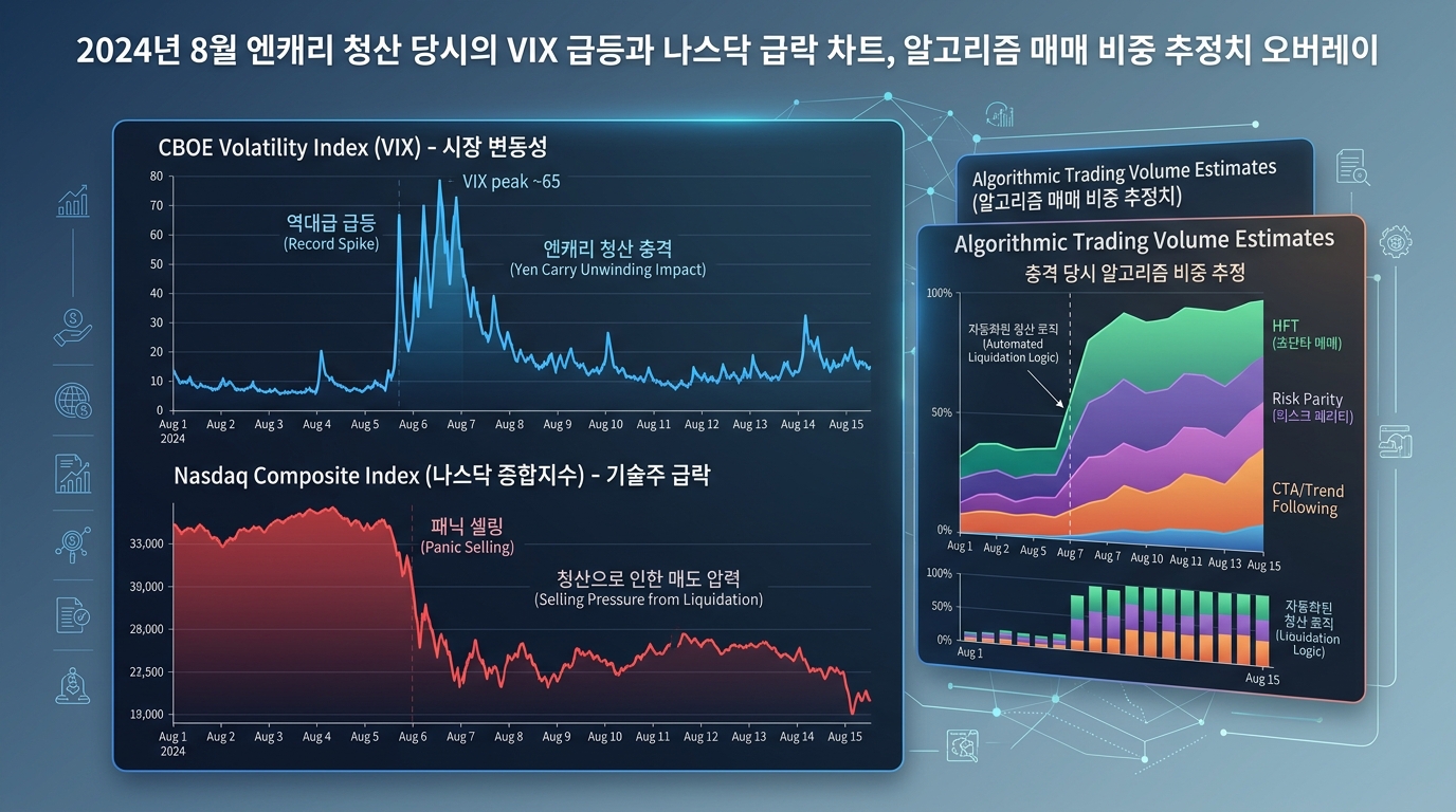 2024년 8월 엔캐리 청산 당시의 VIX 급등과 나스닥 급락 차트, 알고리즘 매매 비중 추정치를 오버레이한 그래프