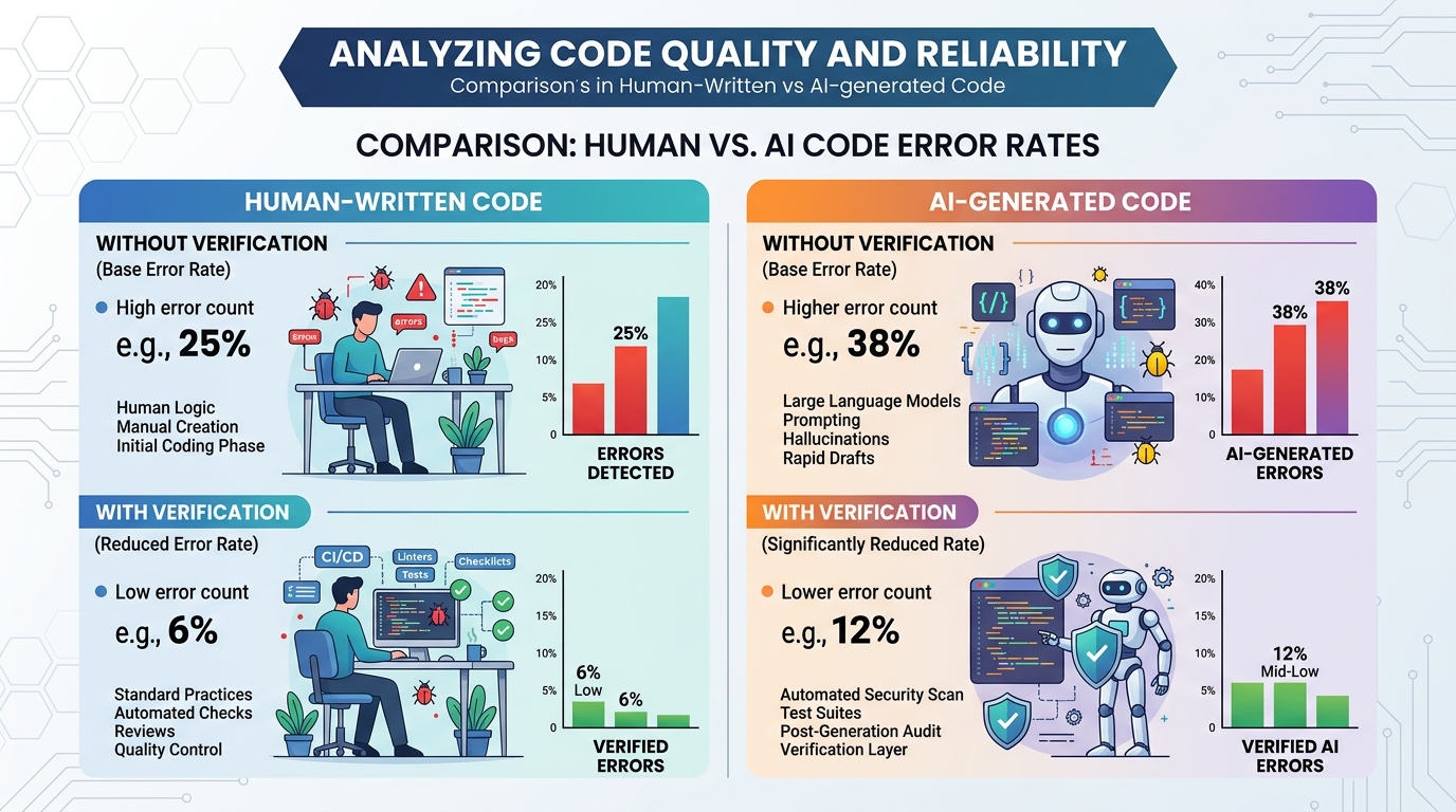 인간이 작성한 코드와 AI가 생성한 코드의 오류율을 자동화된 검증 계층 유무에 따라 비교한 차트
