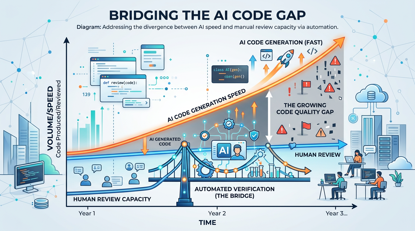 AI 코드 생성 속도와 인간 리뷰 역량 사이의 벌어지는 격차, 그리고 이를 잇는 다리로서의 자동화된 검증을 보여주는 다이어그램