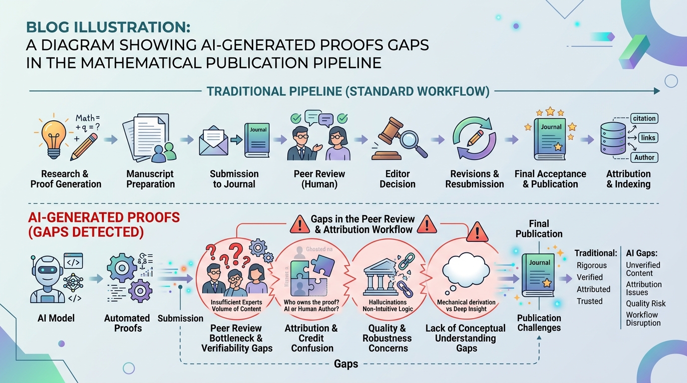 현재의 수학 출판 파이프라인과 AI 생성 증명이 기존 동료 평가 및 귀속 워크플로에서 어디에 공백을 만드는지를 보여주는 다이어그램