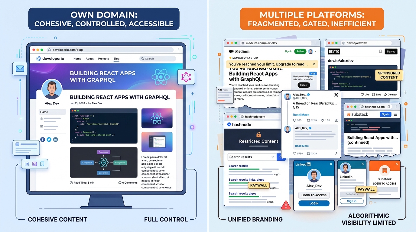 개발자의 블로그 글이 자신의 도메인에 게시된 모습과, 같은 콘텐츠가 여러 플랫폼에 걸쳐 서로 다른 서식, 유료 장벽, 알고리즘 제한으로 분산된 모습을 나란히 비교한 화면