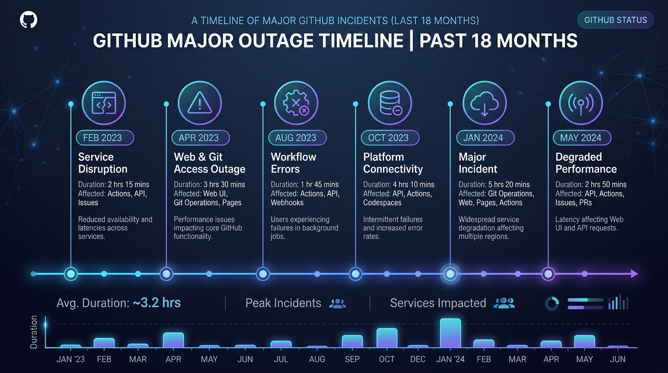 지난 18개월간 GitHub의 주요 장애 사건을 시간순으로 시각화한 타임라인. 지속 시간과 영향받은 서비스가 표시되어 있다