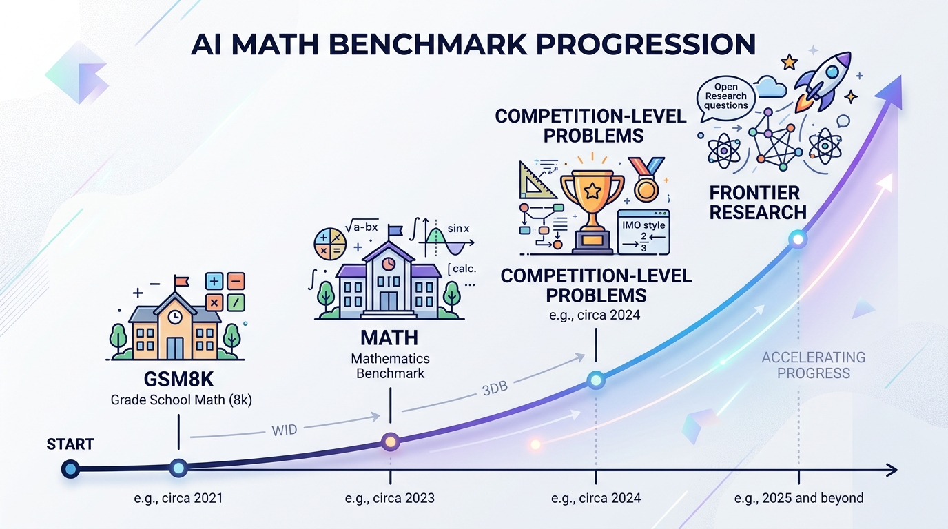GSM8K에서 MATH, 경시대회 수준 문제, 프런티어 연구에 이르기까지 AI 수학 벤치마크 진행 과정을 비교하고, 각 이정표 달성 시점이 점점 앞당겨지는 것을 보여주는 시각화