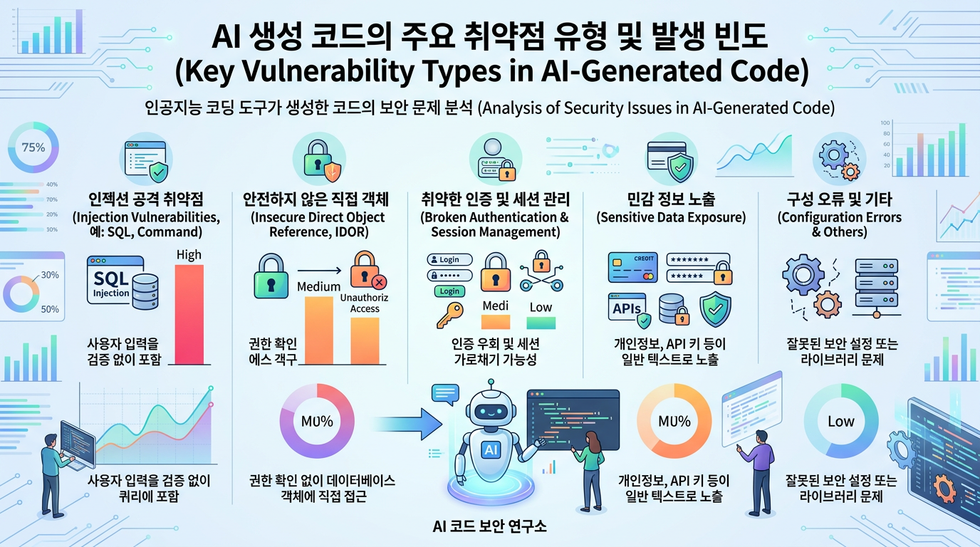 AI 생성 코드의 주요 취약점 유형과 발생 빈도를 보여주는 인포그래픽