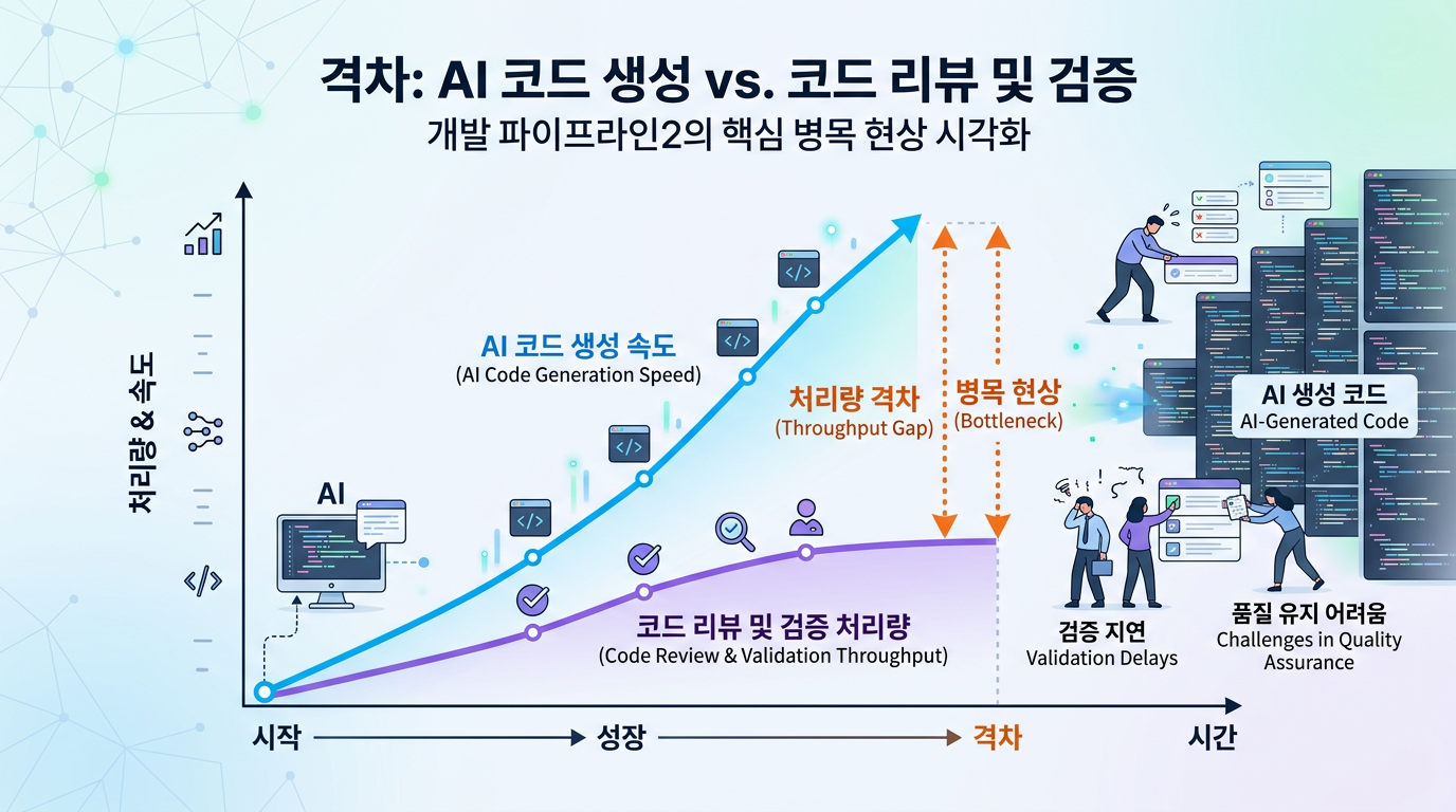 AI 코드 생성 속도 대비 코드 리뷰 및 검증 처리량의 격차를 보여주는 그래프
