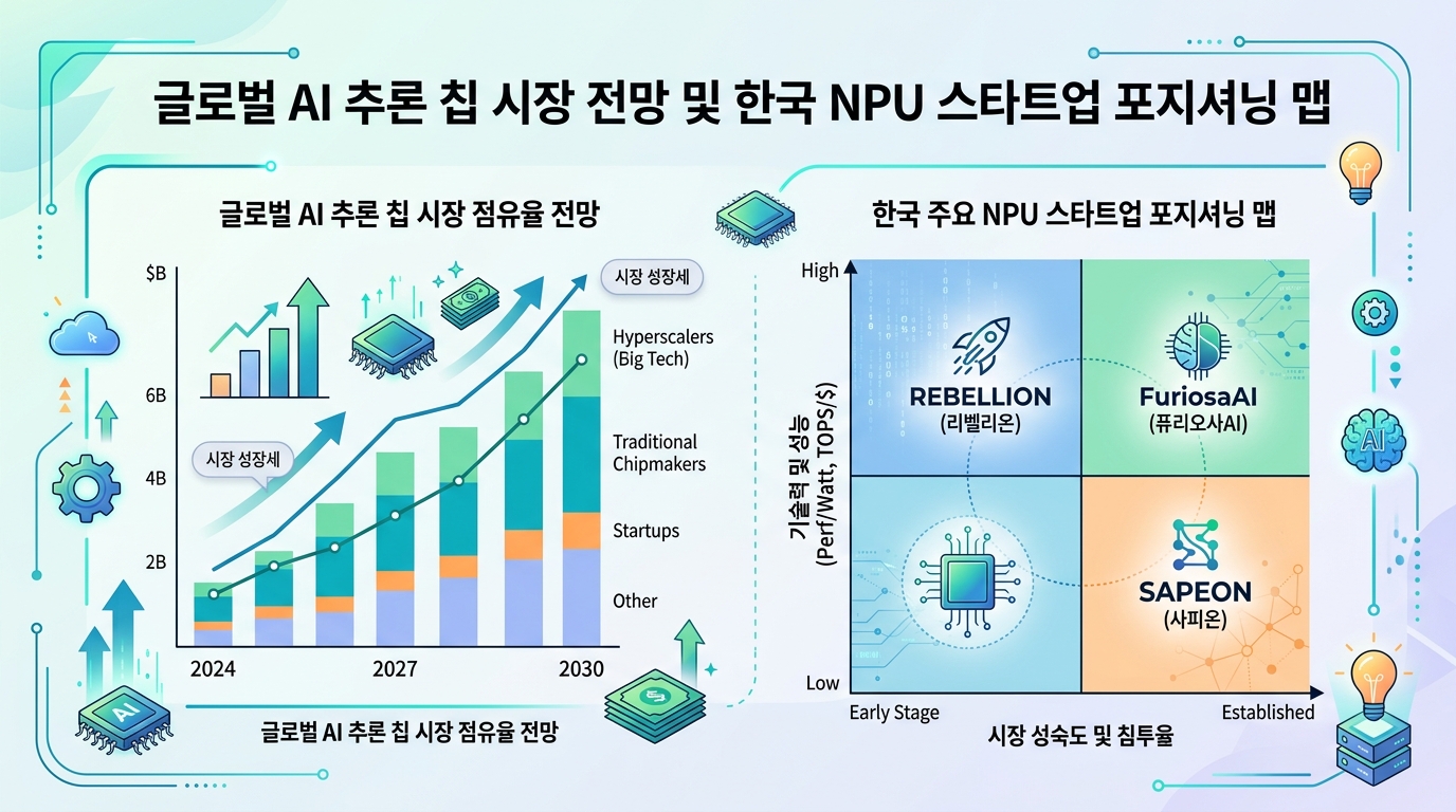 글로벌 AI 추론 칩 시장 점유율 전망 및 한국 주요 NPU 스타트업(리벨리온, 퓨리오사AI, 사피온) 포지셔닝 맵