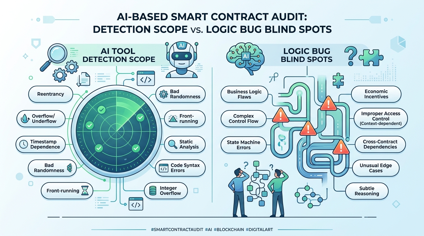 AI 기반 스마트컨트랙트 감사 도구의 취약점 탐지 범위와 로직 버그 사각지대를 비교한 다이어그램