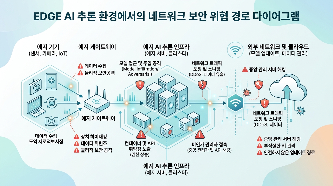 엣지 AI 추론 환경에서의 네트워크 보안 위협 경로 다이어그램