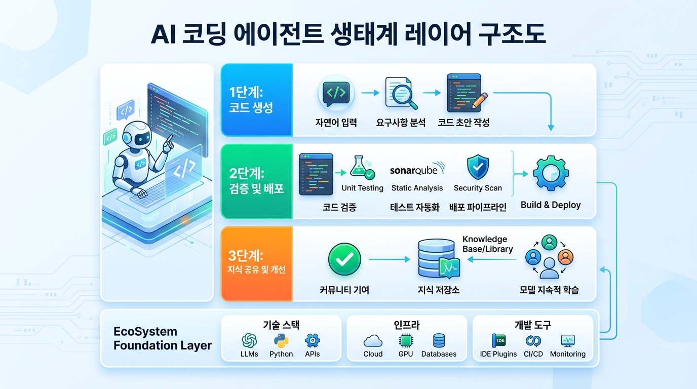 AI 코딩 에이전트 생태계 레이어 구조도, 코드 생성-검증-지식 공유 단계별 도식