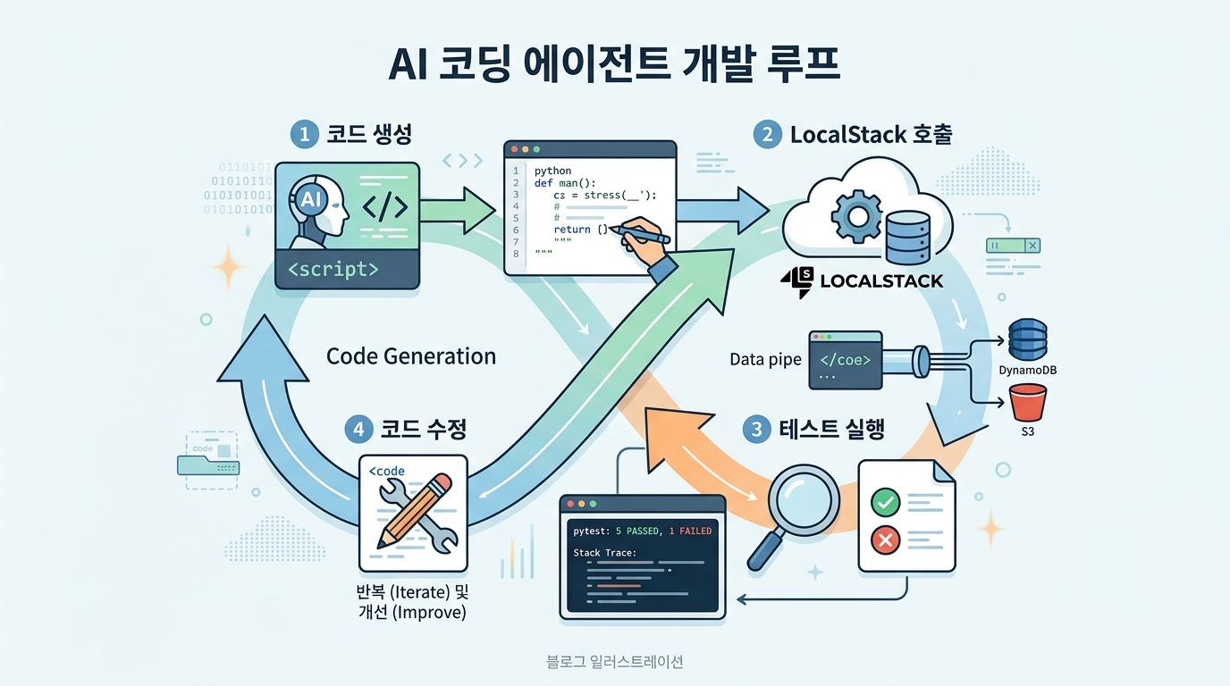 AI 코딩 에이전트의 개발 루프 다이어그램. 에이전트가 코드 생성, LocalStack 호출, 테스트 실행, 코드 수정을 반복하는 구조를 도식화