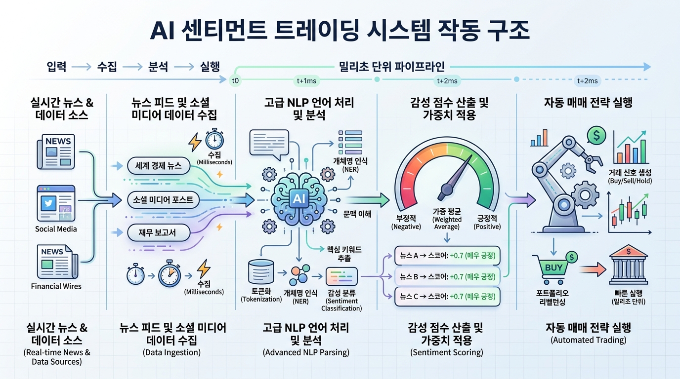 AI 센티먼트 트레이딩 시스템의 작동 구조를 보여주는 인포그래픽. 뉴스 피드에서 NLP 파싱, 센티먼트 점수 산출, 자동 매매 실행까지의 밀리초 단위 파이프라인 도식