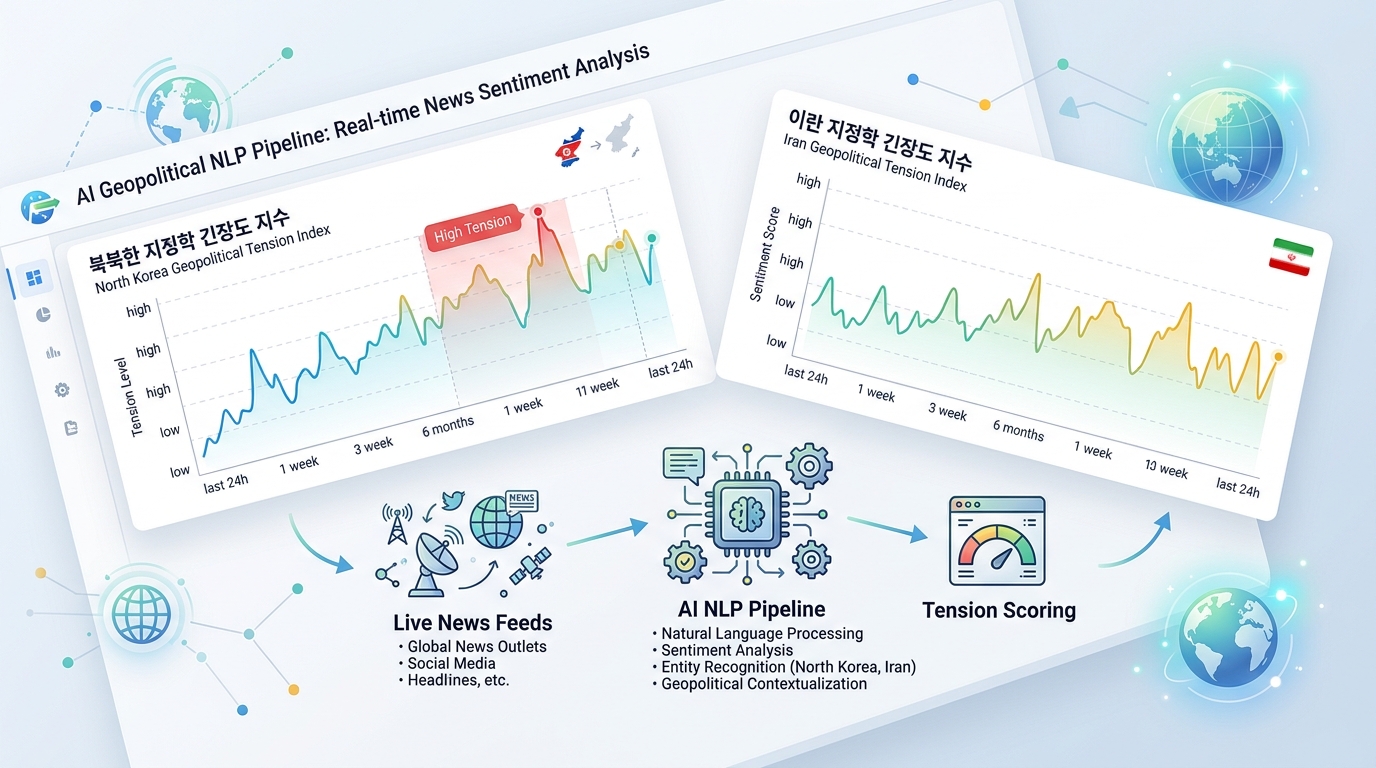 AI 지정학 NLP 파이프라인의 실시간 뉴스 센티먼트 분석 대시보드, 북한/이란 관련 뉴스의 긴장도 지수가 시계열 그래프로 표시되고 있다