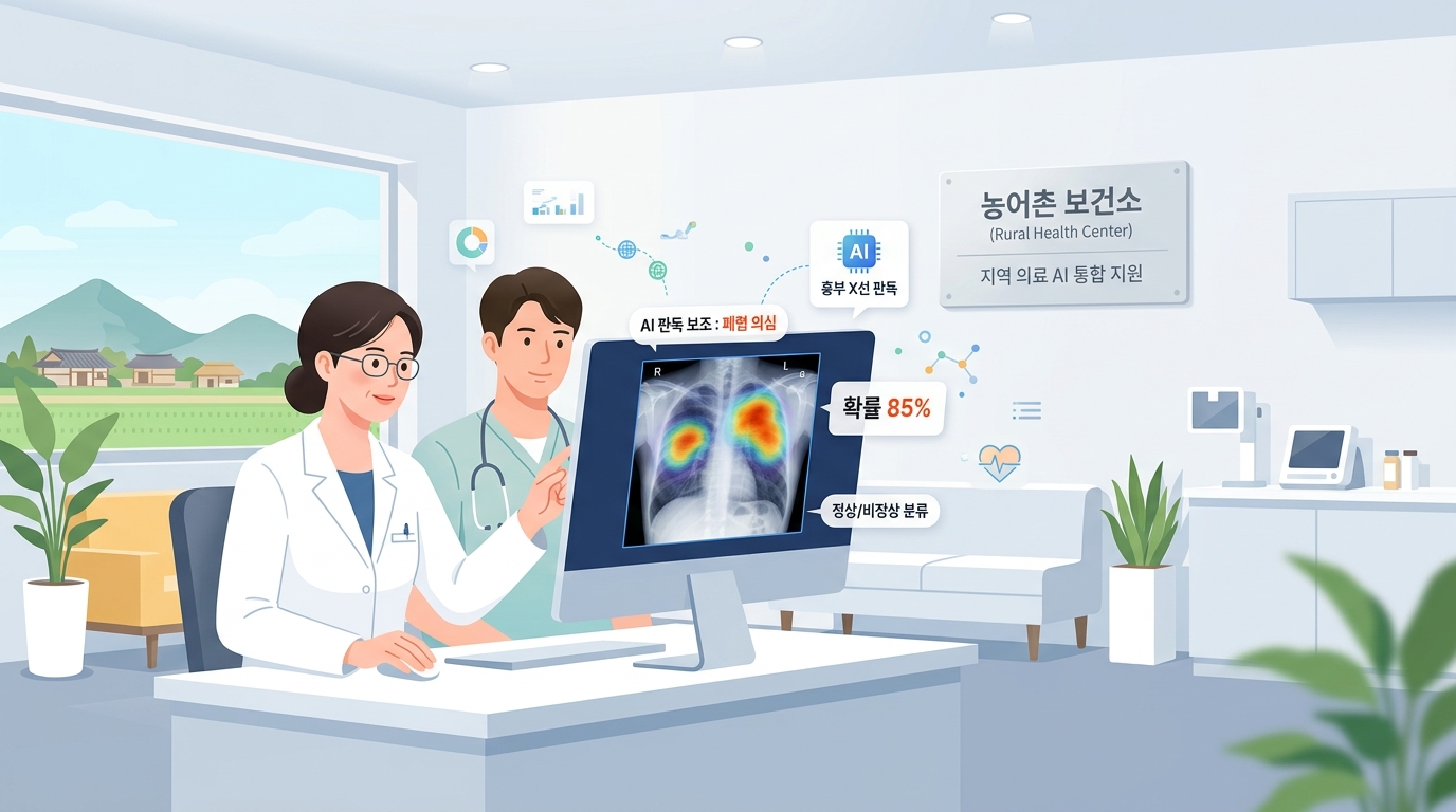 농어촌 보건소에서 AI 흉부 X선 판독 보조 시스템을 사용하는 의료진의 모습