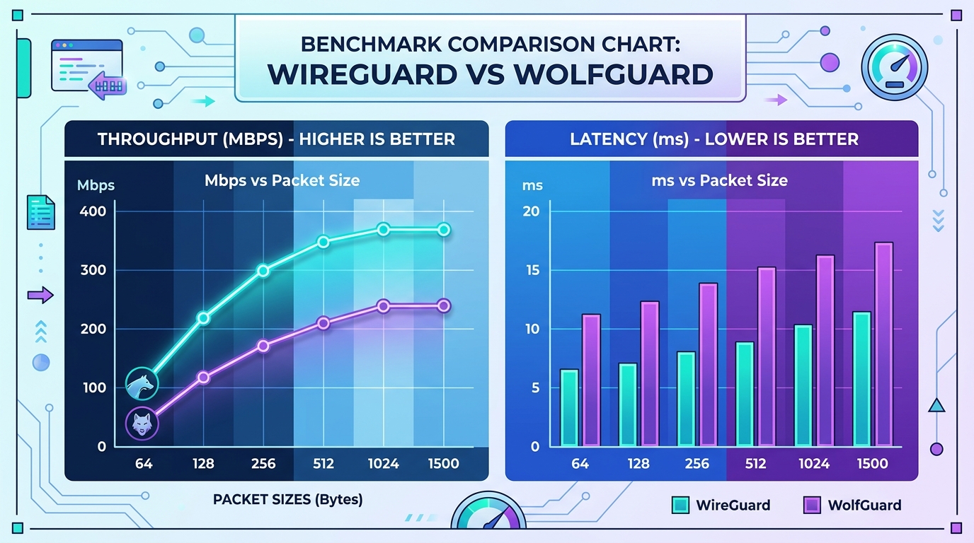 Benchmark comparison chart showing WireGuard vs WolfGuard throughput and latency metrics across different packet sizes