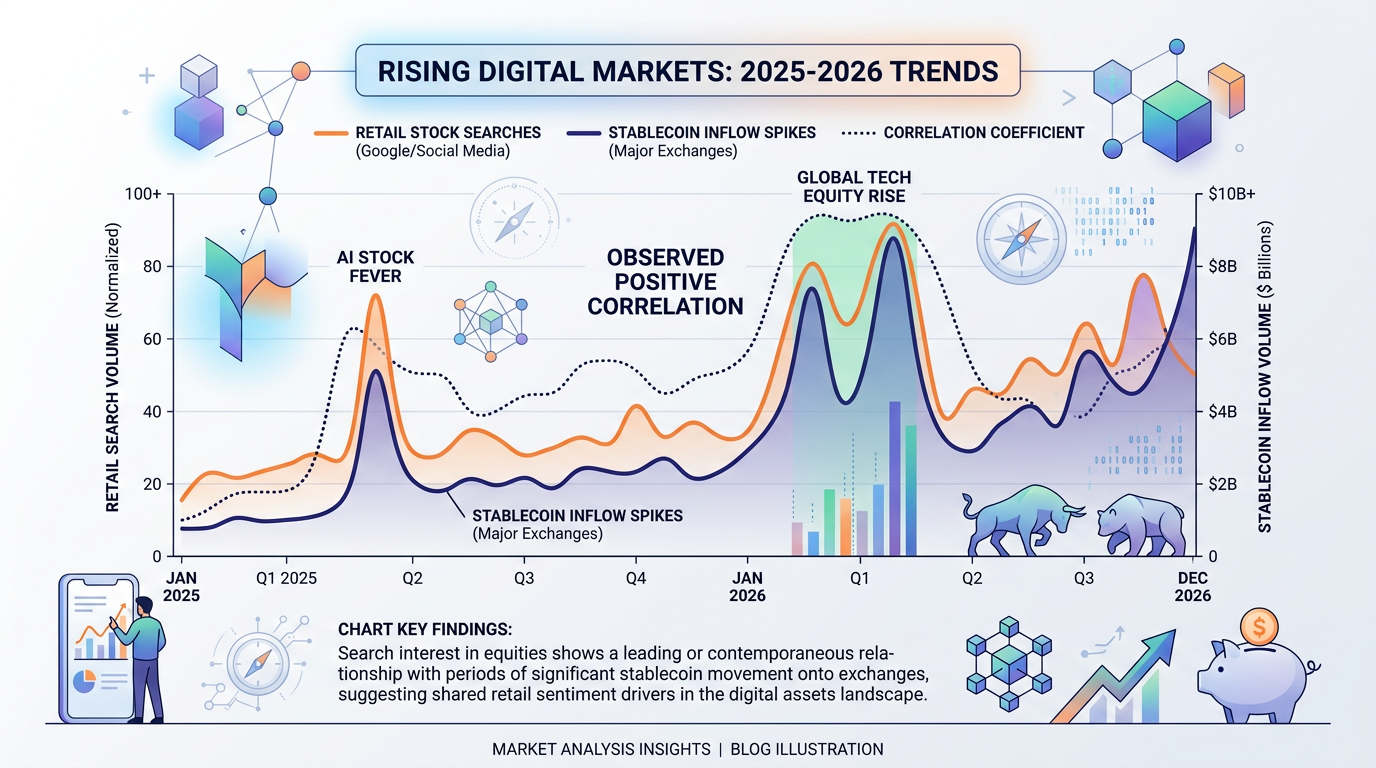 Chart showing correlation between retail stock search trends and stablecoin inflow spikes on major exchanges, 2025-2026