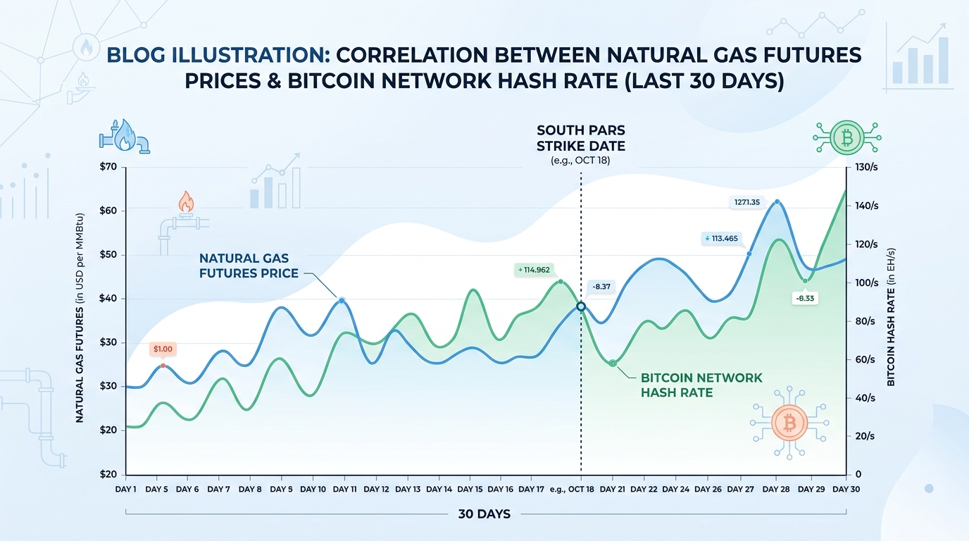 지난 30일간 천연가스 선물 가격과 비트코인 네트워크 해시레이트의 상관관계를 보여주는 차트, 사우스파스 공습일 표시