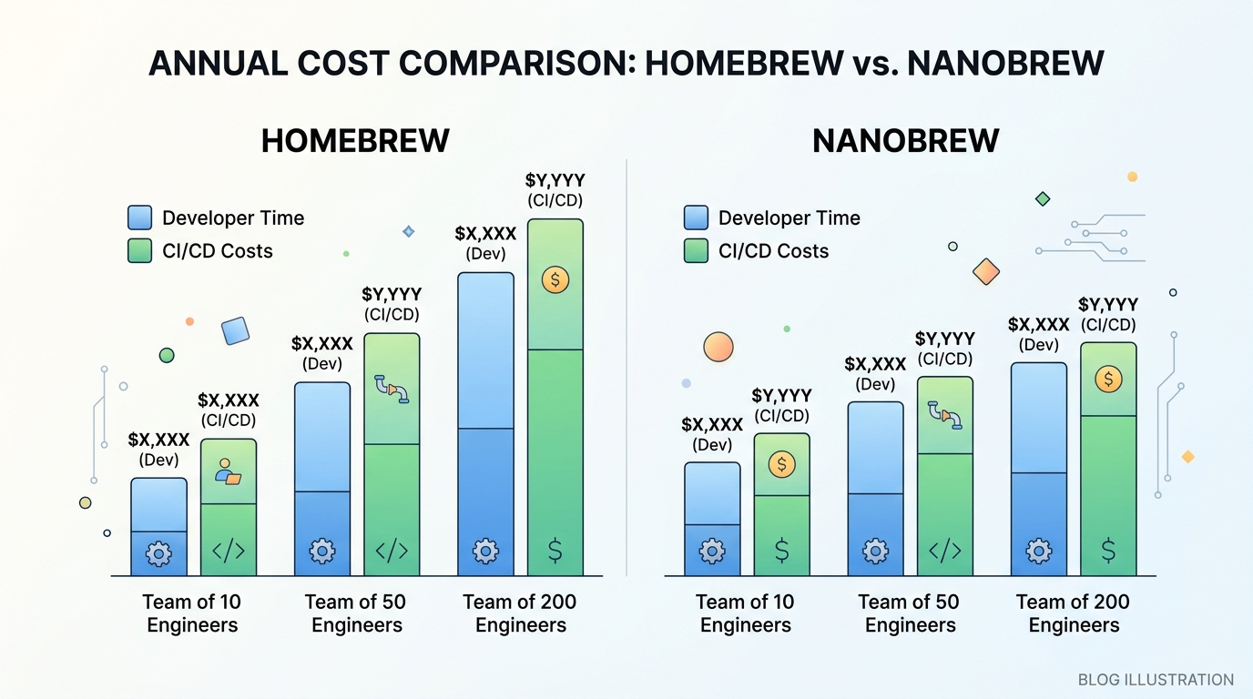 엔지니어 10명, 50명, 200명 규모별 Homebrew 대비 Nanobrew의 연간 개발자 시간 및 CI/CD 비용 비교 차트