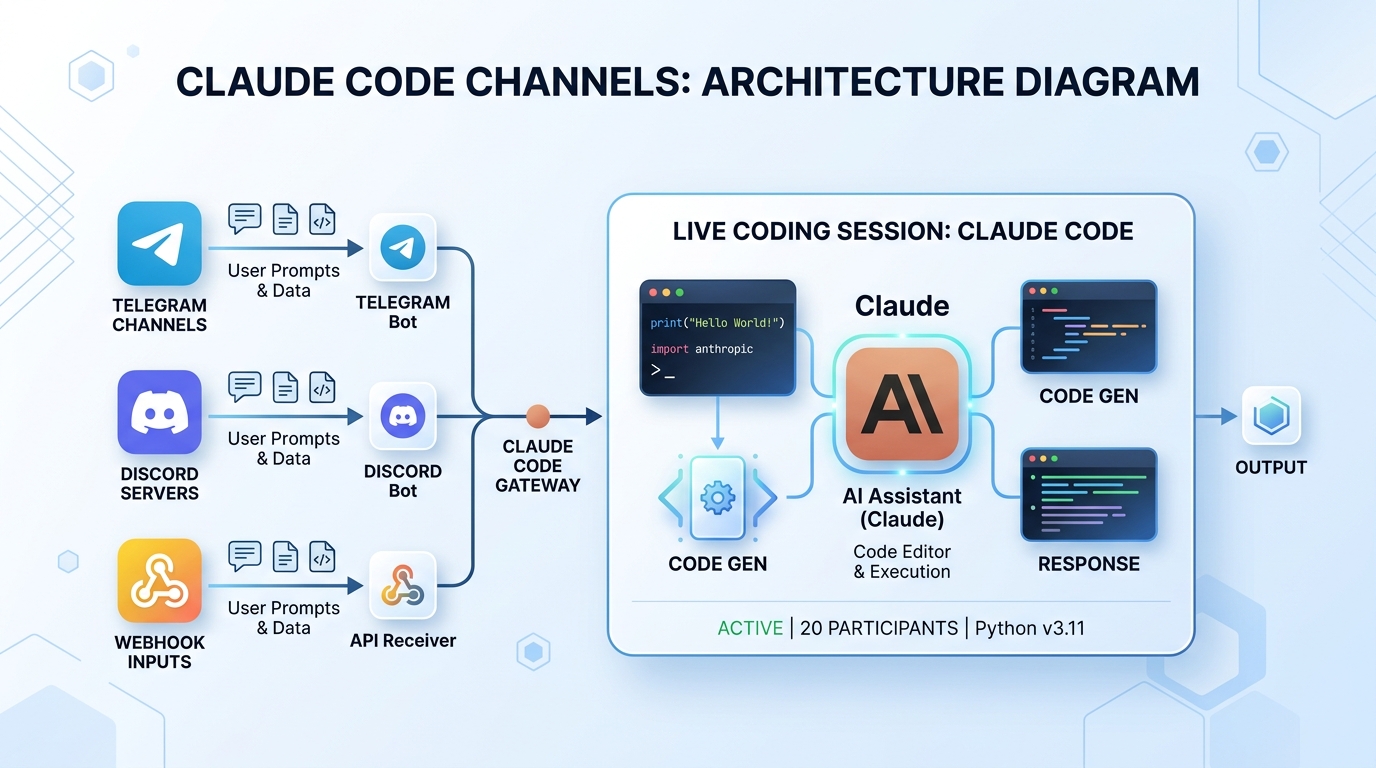 Telegram, Discord, 웹훅 입력이 라이브 코딩 세션으로 유입되는 Claude Code Channels 아키텍처 다이어그램