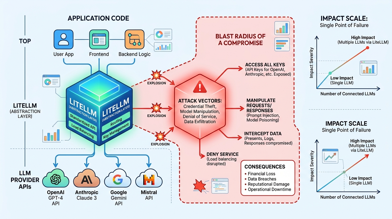 AI 개발 스택에서 LiteLLM의 위치를 보여주는 다이어그램. 애플리케이션 코드와 여러 LLM 제공업체 API 사이에 위치하며, 이 레이어가 침해되었을 때의 피해 범위를 보여준다