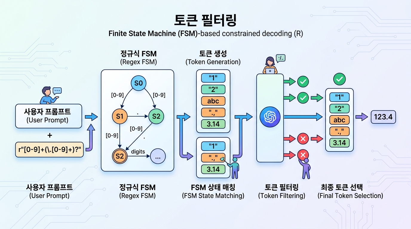 정규식 FSM 기반 Constrained Decoding의 토큰 필터링 과정을 보여주는 다이어그램