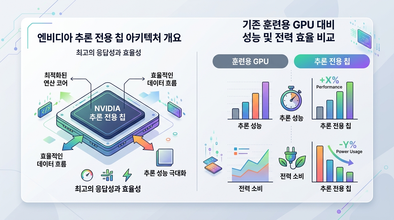 엔비디아 추론 전용 칩 아키텍처 개요와 기존 훈련용 GPU 대비 성능·전력효율 비교 인포그래픽