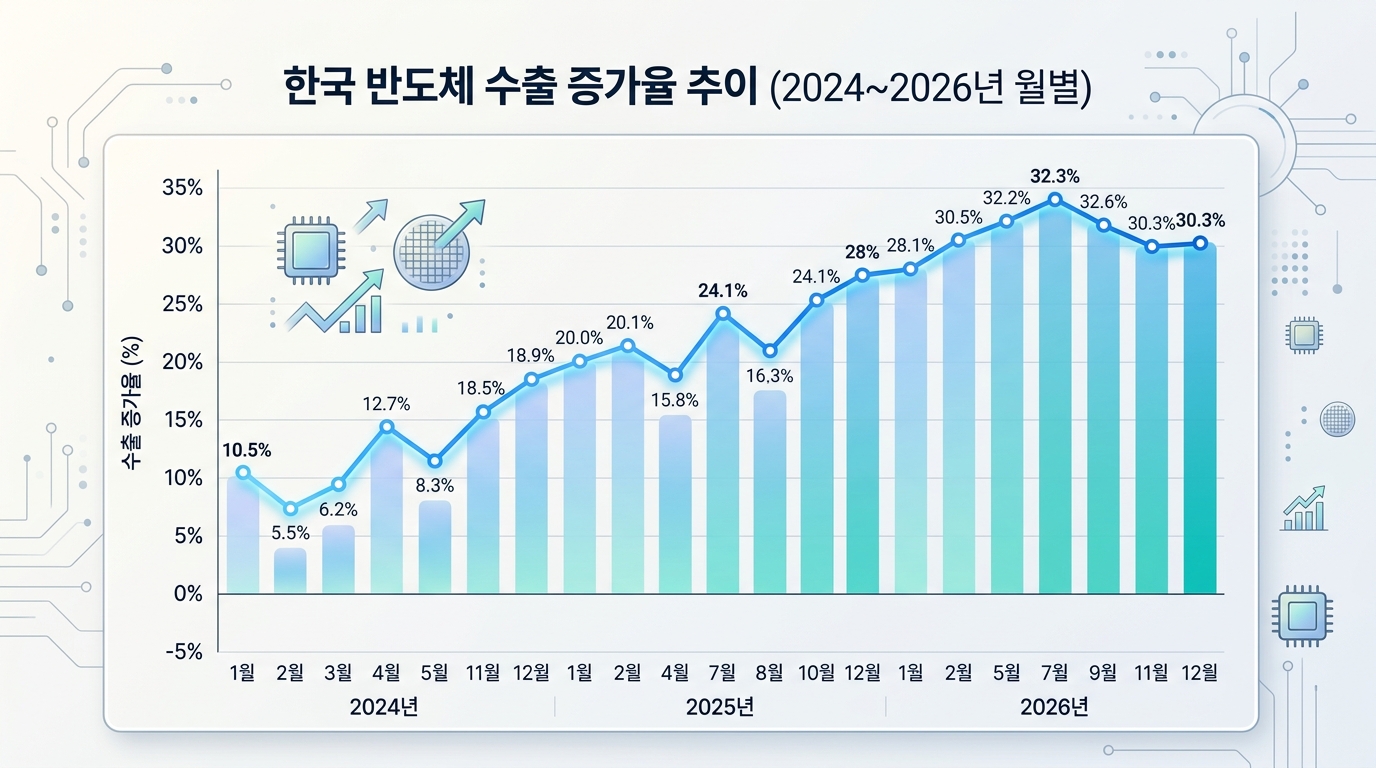 한국 반도체 수출 증가율 추이 그래프 (2024~2026년 월별)