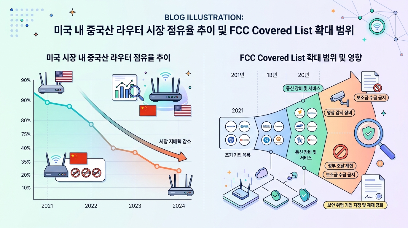 미국 내 중국산 라우터 시장 점유율 추이 및 FCC Covered List 확대 범위 인포그래픽