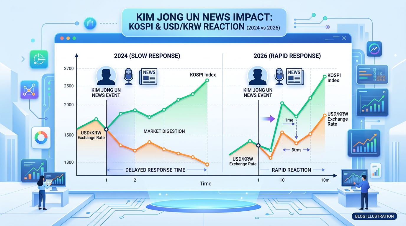 김정은 관련 뉴스 발생 시점과 코스피/원달러 환율 변동을 오버레이한 시계열 차트, 2024년 대비 2026년의 반응 속도 차이가 시각적으로 드러난다