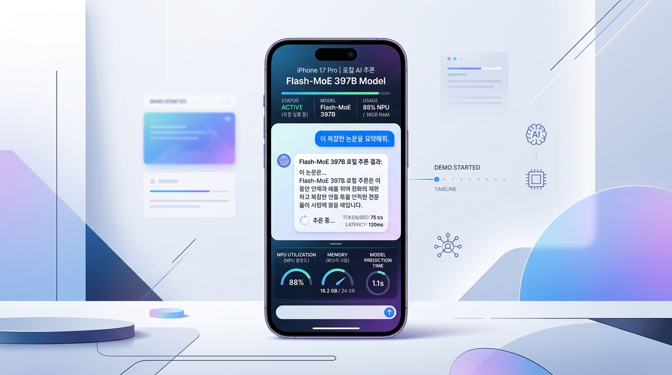 iPhone 17 Pro에서 Flash-MoE 397B 모델이 로컬 추론을 수행하는 시연 화면 캡처
