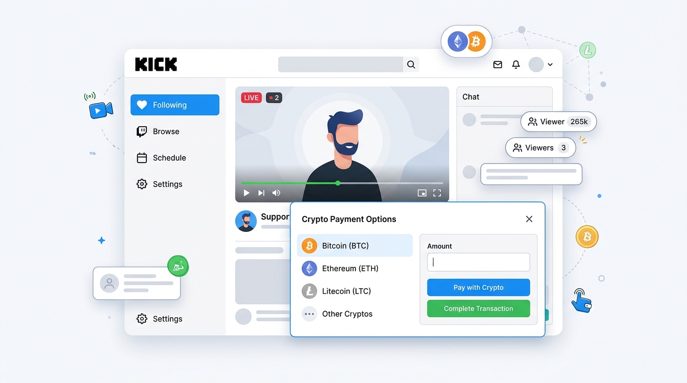 Kick 플랫폼 메인 화면과 크립토 결제 옵션 UI 캡처