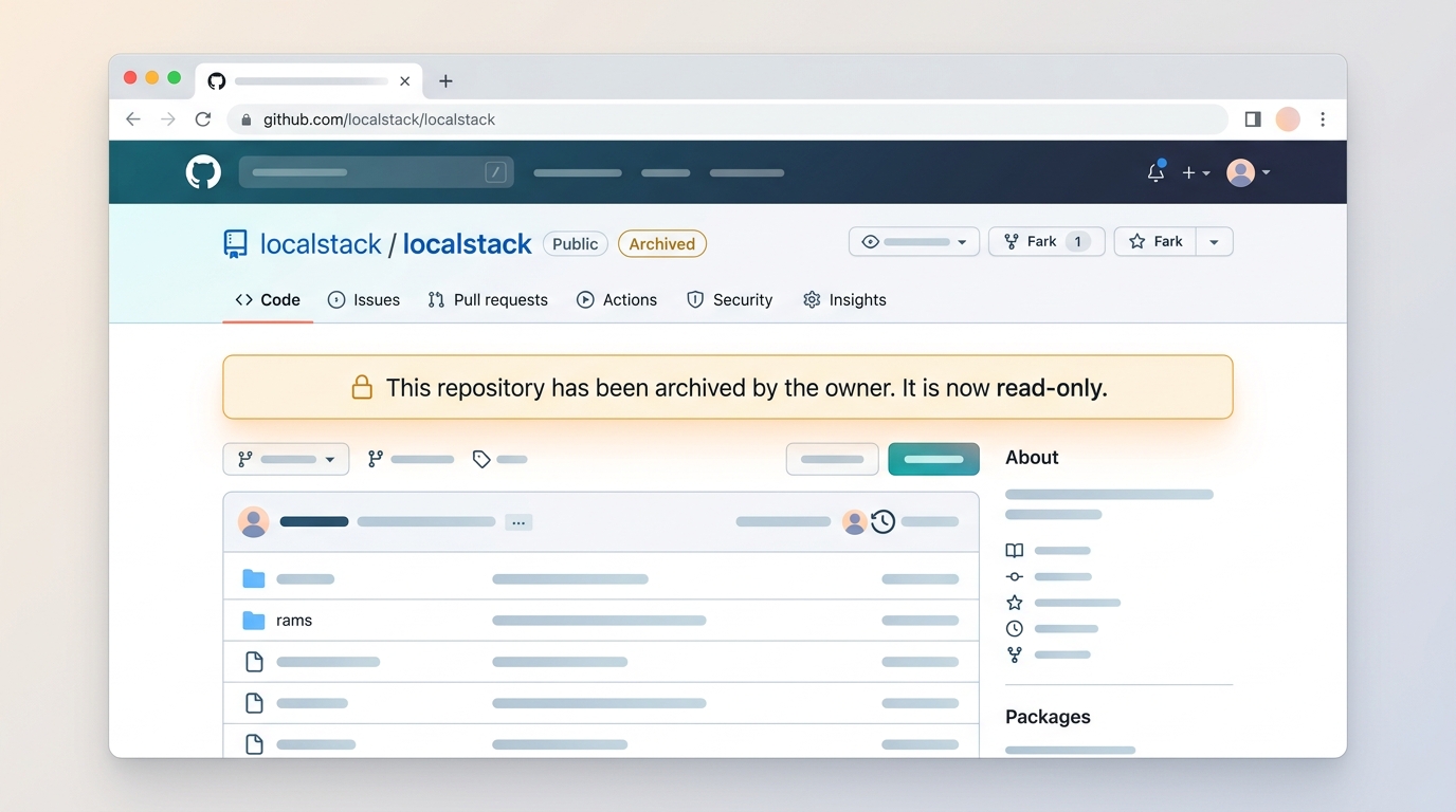 LocalStack GitHub 리포지토리가 아카이브된 화면 캡처, 'This repository has been archived' 배너가 표시된 모습
