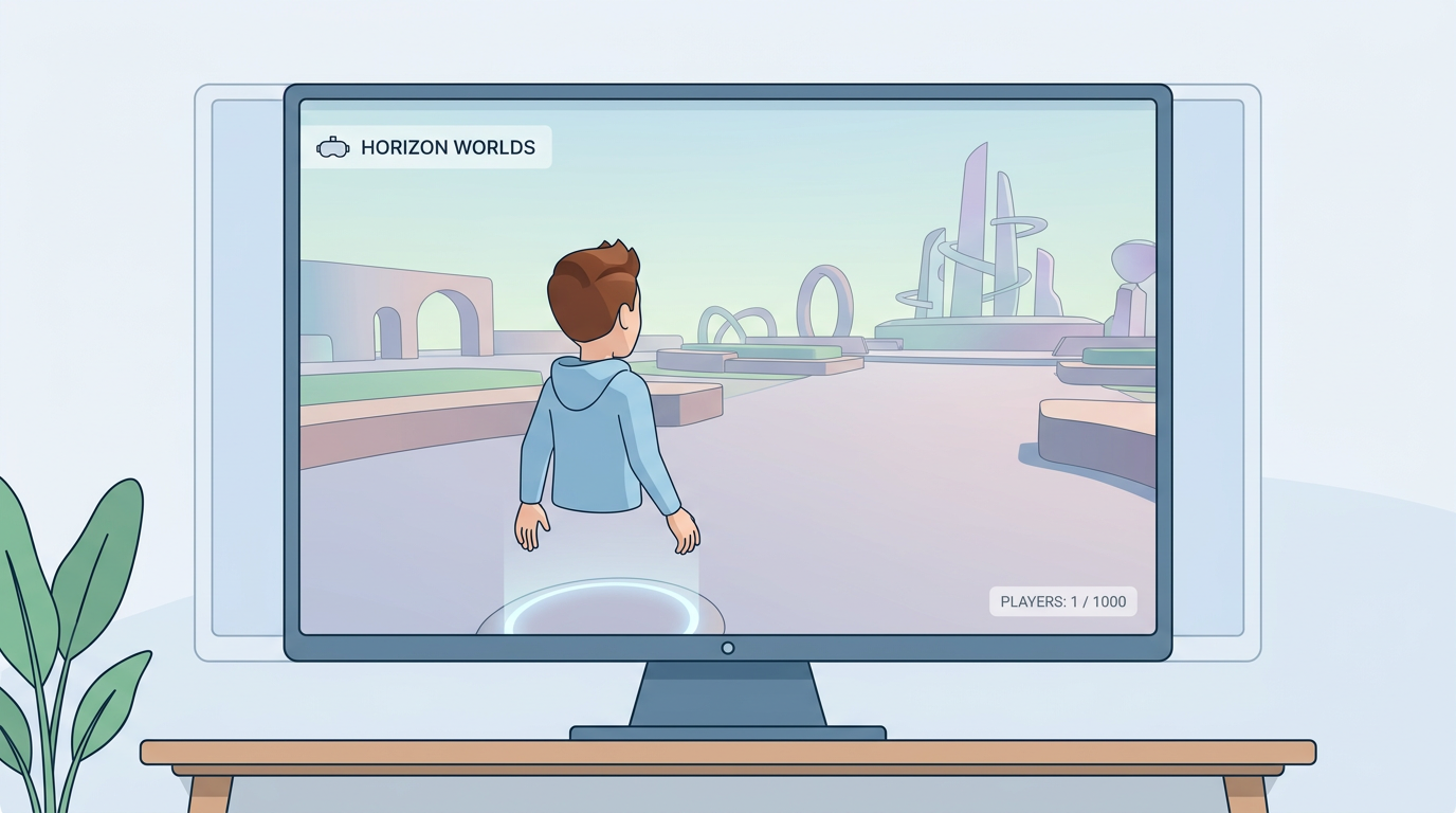 Meta Horizon Worlds의 legless 아바타와 텅 빈 가상 공간을 보여주는 스크린샷, 플랫폼의 저조한 사용자 참여를 상징