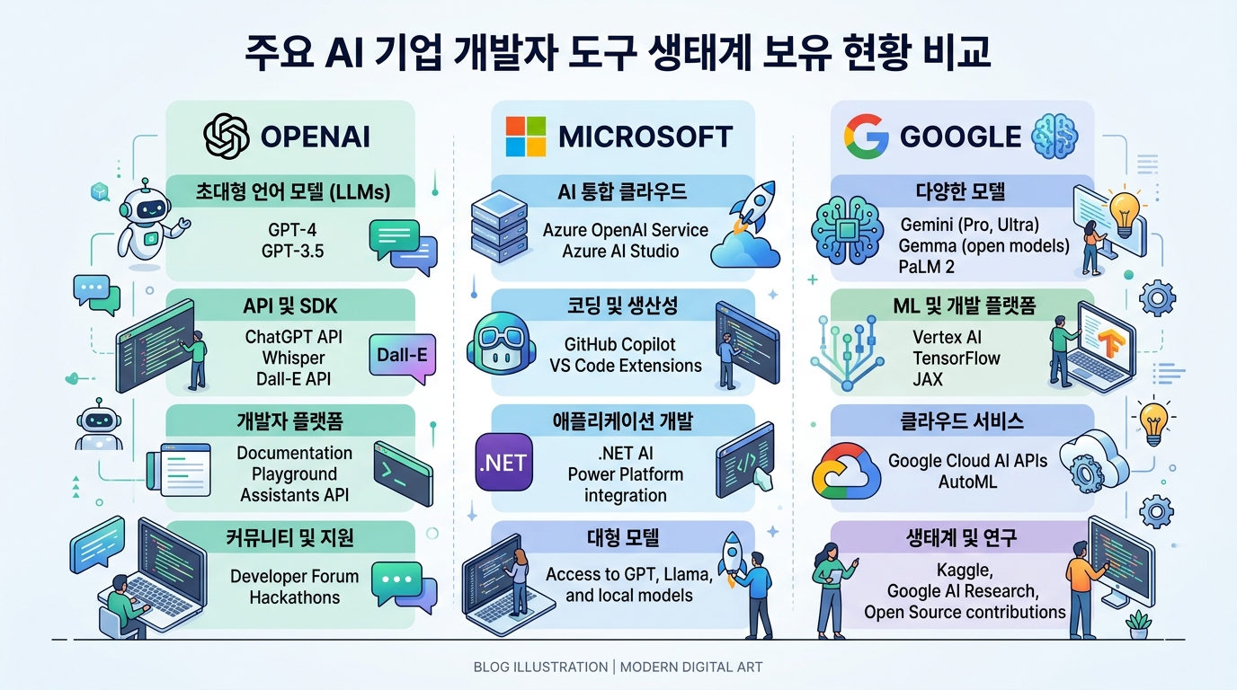 OpenAI, Microsoft, Google 등 주요 AI 기업의 개발자 도구 생태계 보유 현황을 비교하는 인포그래픽