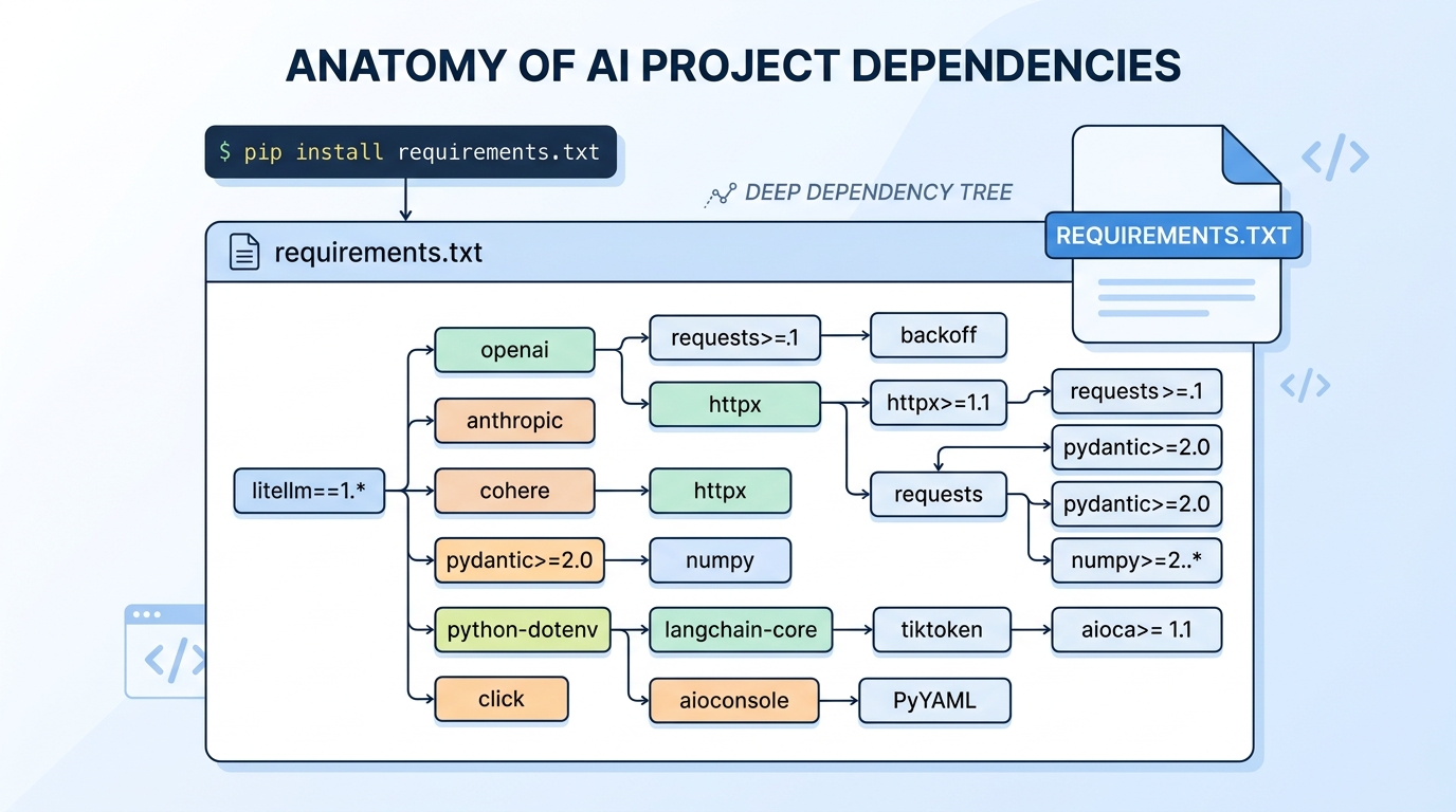 LiteLLM 및 관련 패키지가 포함된 깊은 의존성 체인을 보여주는 전형적인 AI 프로젝트의 requirements.txt 스크린샷