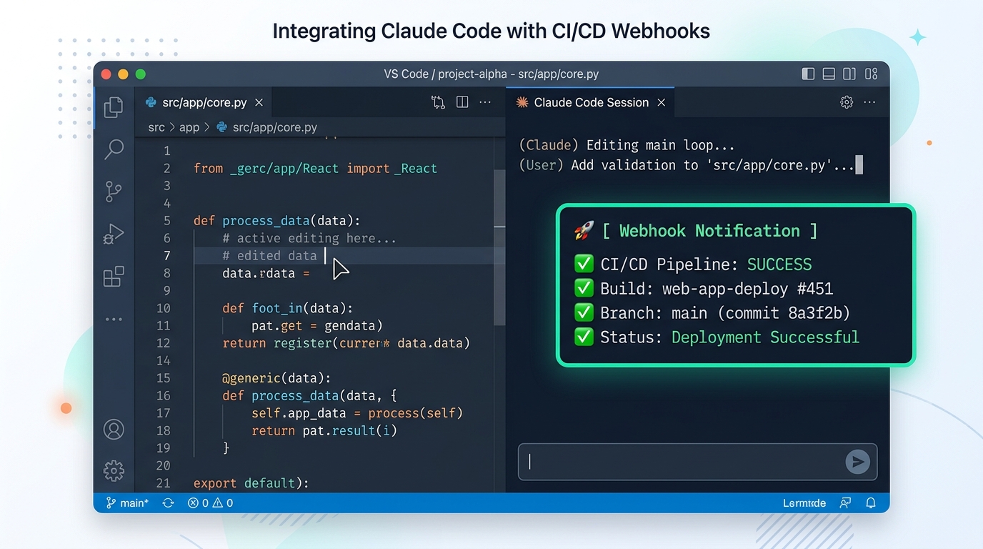 코드를 편집하는 중에 CI/CD 파이프라인의 웹훅 알림을 수신하는 Claude Code 세션 스크린샷