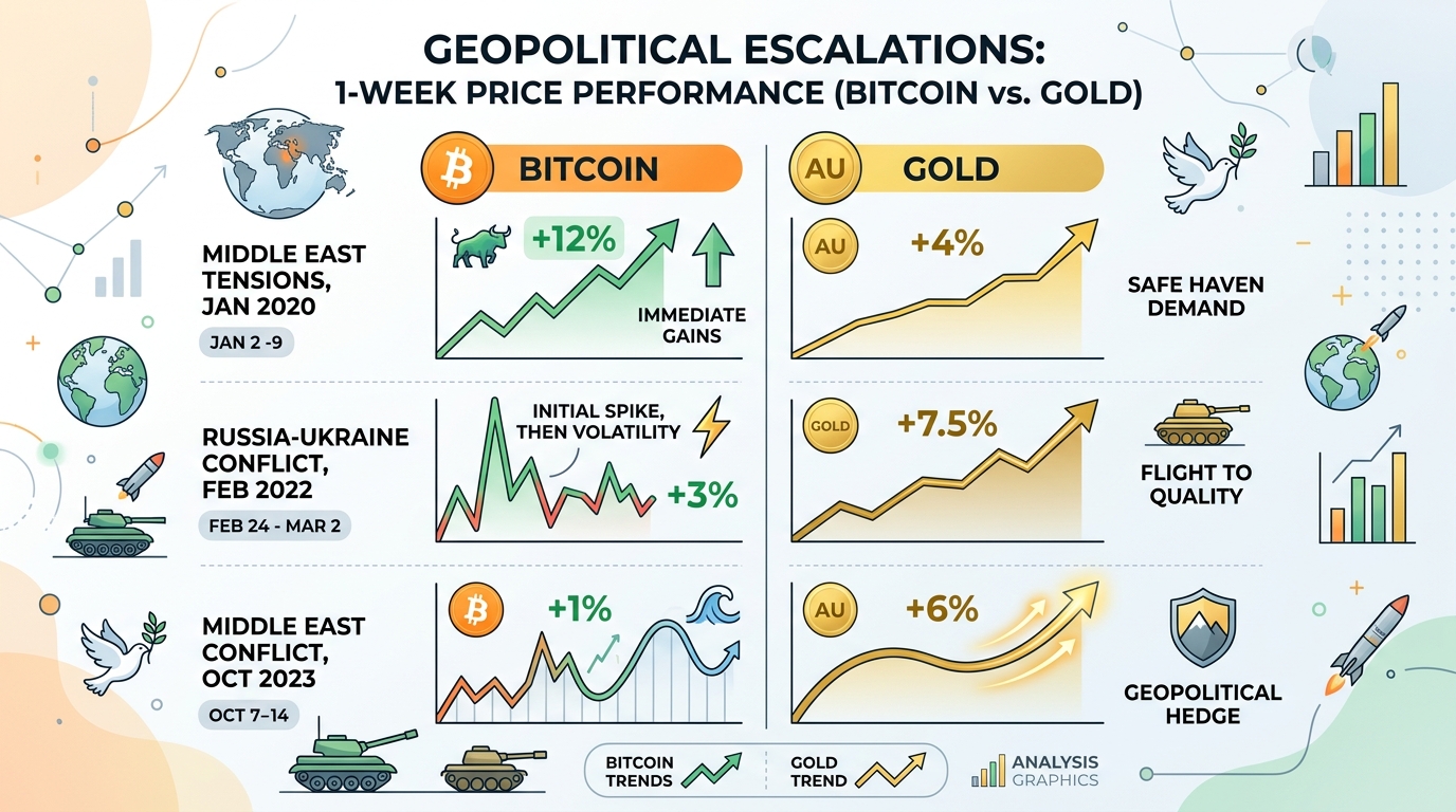 2020년 이후 주요 지정학적 긴장 고조 후 첫 주간의 비트코인과 금 가격 성과 비교