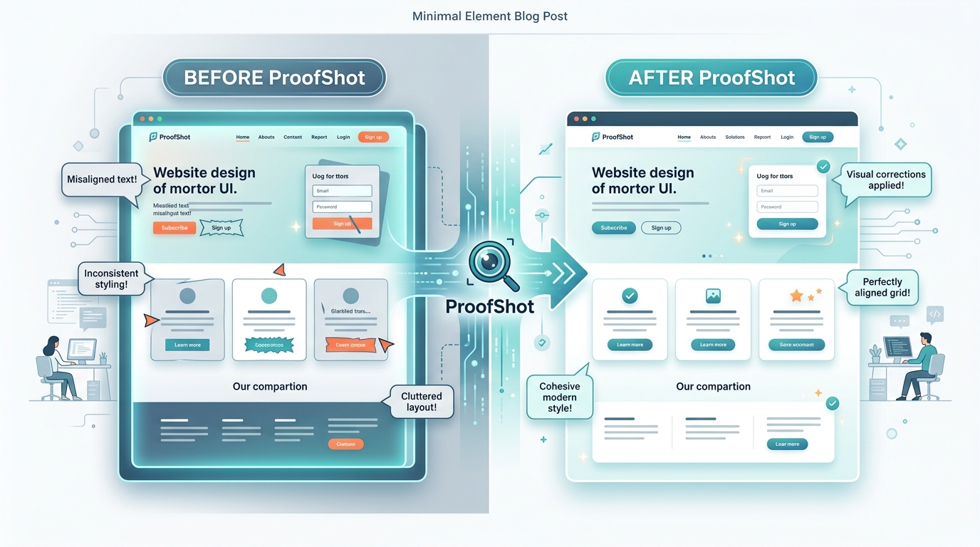 ProofShot의 시각적 피드백 수정 전후 AI 생성 UI의 나란히 비교, 레이아웃 및 스타일링 개선 사항 시연