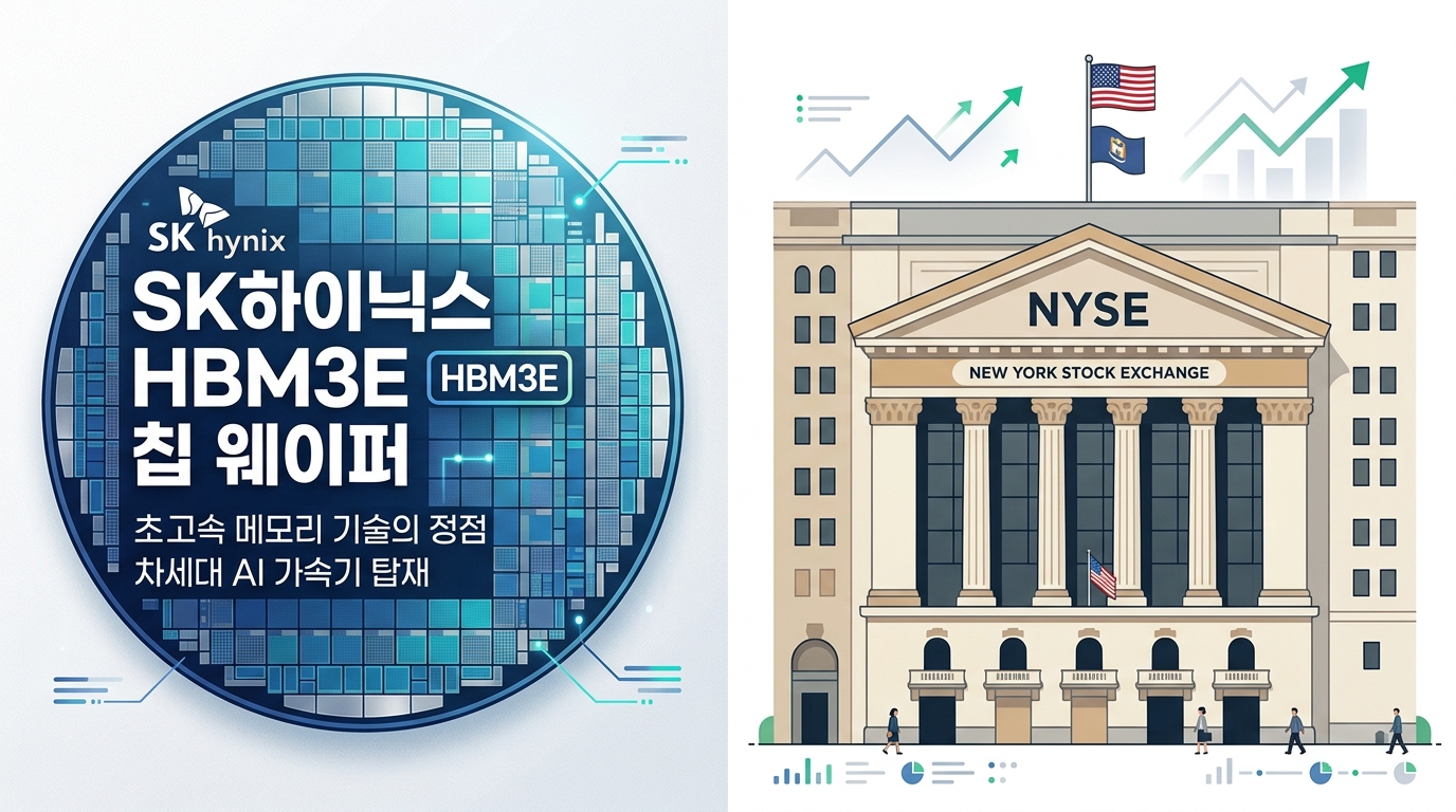 SK하이닉스 HBM3E 칩 웨이퍼와 뉴욕증권거래소 외관을 병치한 그래픽