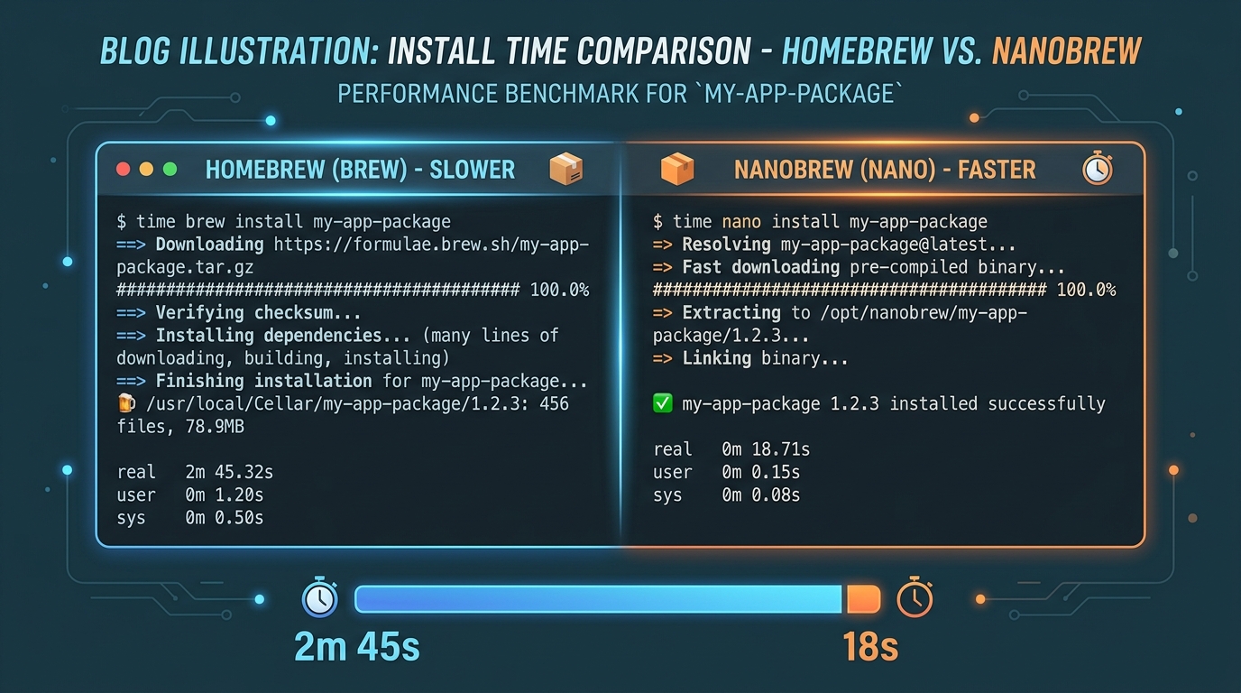 같은 패키지에 대한 Homebrew와 Nanobrew의 설치 시간을 나란히 비교하는 터미널 스크린샷