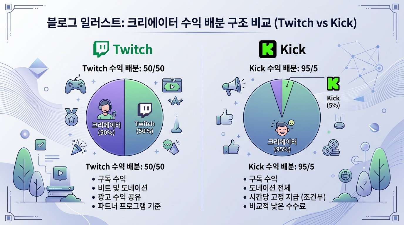 Twitch vs Kick 크리에이터 수익 배분 구조 비교 인포그래픽