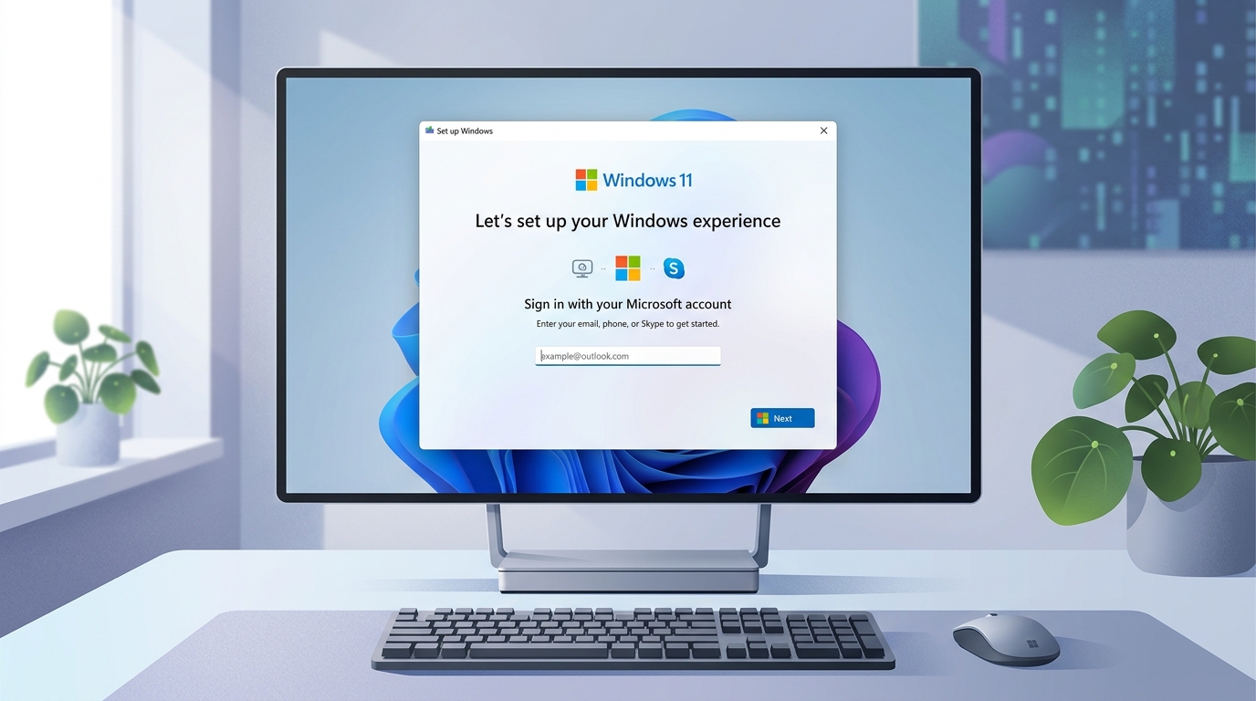 로컬 계정 옵션이 보이지 않는 마이크로소프트 계정 로그인 프롬프트를 보여주는 윈도우 11 설치 화면