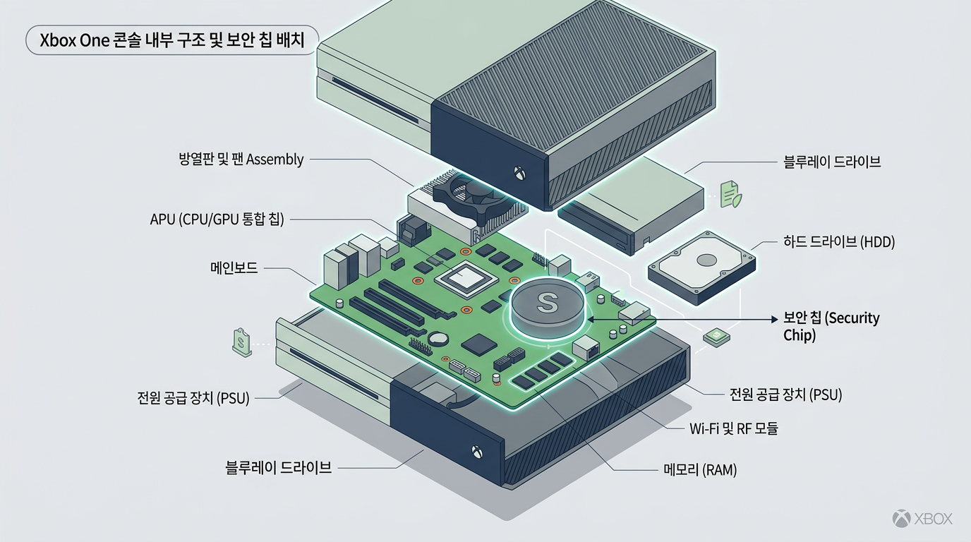 Xbox One 콘솔의 내부 하드웨어 구조와 보안 칩 배치를 보여주는 분해 이미지